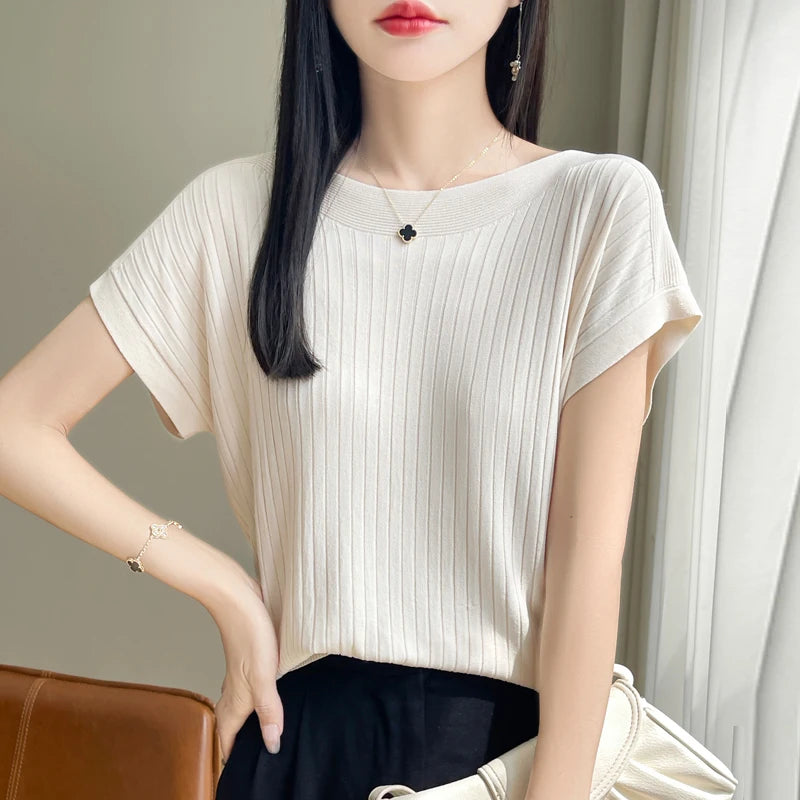 Summer Thin Ice Silk Knitted Loose T-Shirt Women's Short Sleeve Versatile Top Breathable Cool Feeling Pure Color Basic Fit