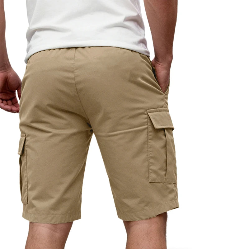 Men's Khaki Workwear Cargo Shorts Summer Multi-pocket Work Shorts With Drawstring Elastic Waist Solid Color Sports Fifth Pants