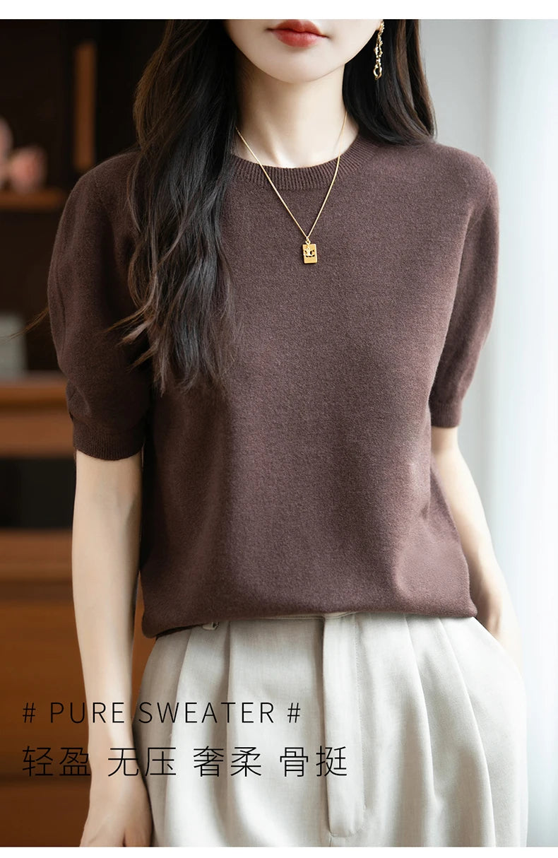 Fall/winter women's O-neck basic warm casual pullover fashion short sleeve 100% wool 22-color knitted sweater.