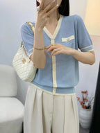 Elegant Short Sleeve V-Neck Knitwear Women's Summer Fashion Versatile Thin Korean Style Commute Wind T-Shirt Casual Pure Color