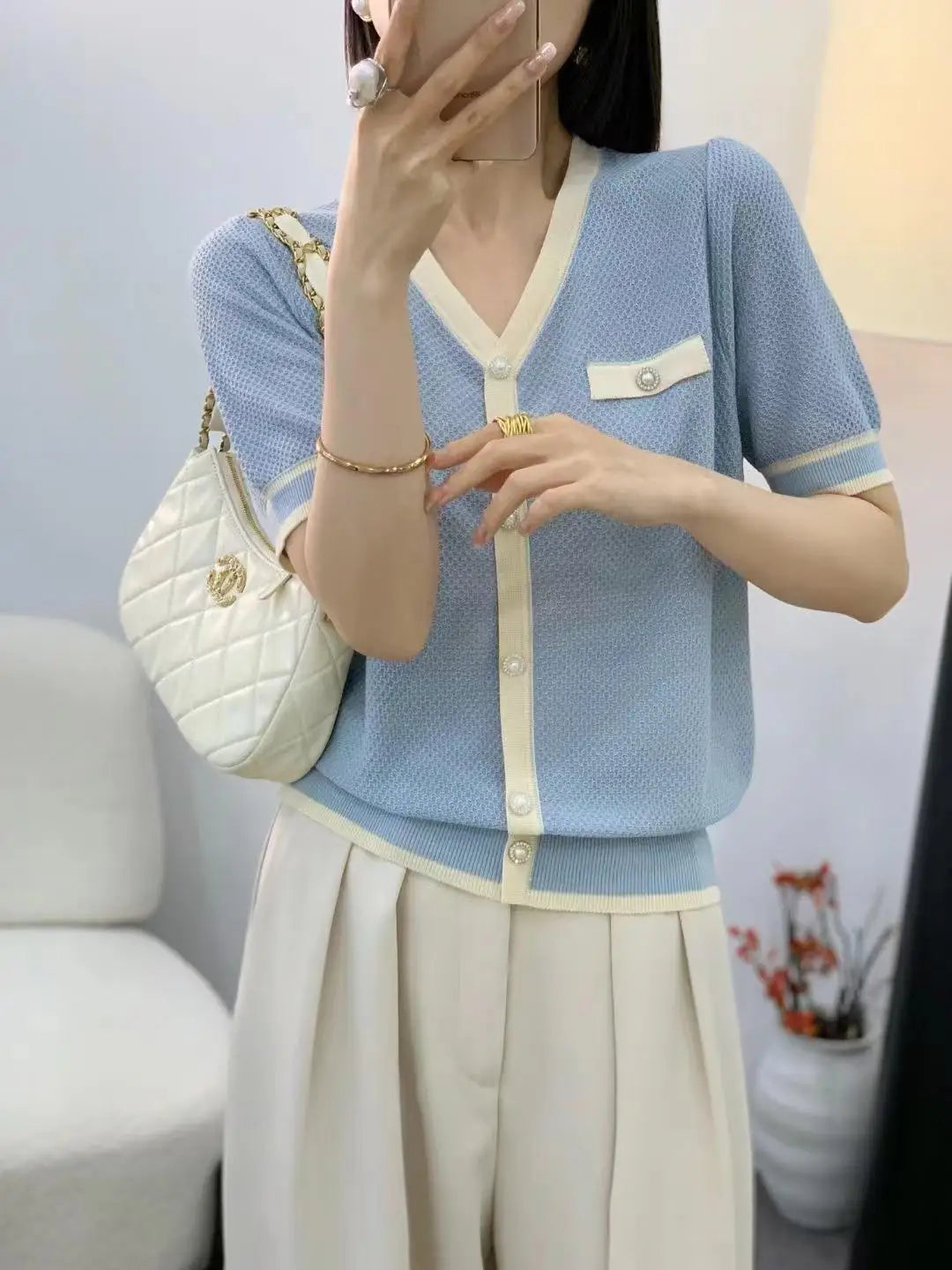 Elegant Short Sleeve V-Neck Knitwear Women's Summer Fashion Versatile Thin Korean Style Commute Wind T-Shirt Casual Pure Color