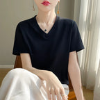 Summer V-neck 100% Cotton Short-Sleeved T-Shirt Women's Loose Mercerized Cotton Half-Sleeve Bottoming Shirt White High-end Top