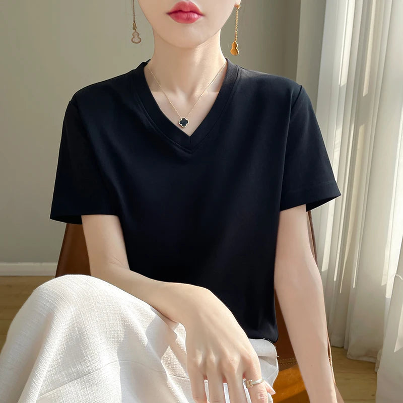 Summer V-neck 100% Cotton Short-Sleeved T-Shirt Women's Loose Mercerized Cotton Half-Sleeve Bottoming Shirt White High-end Top