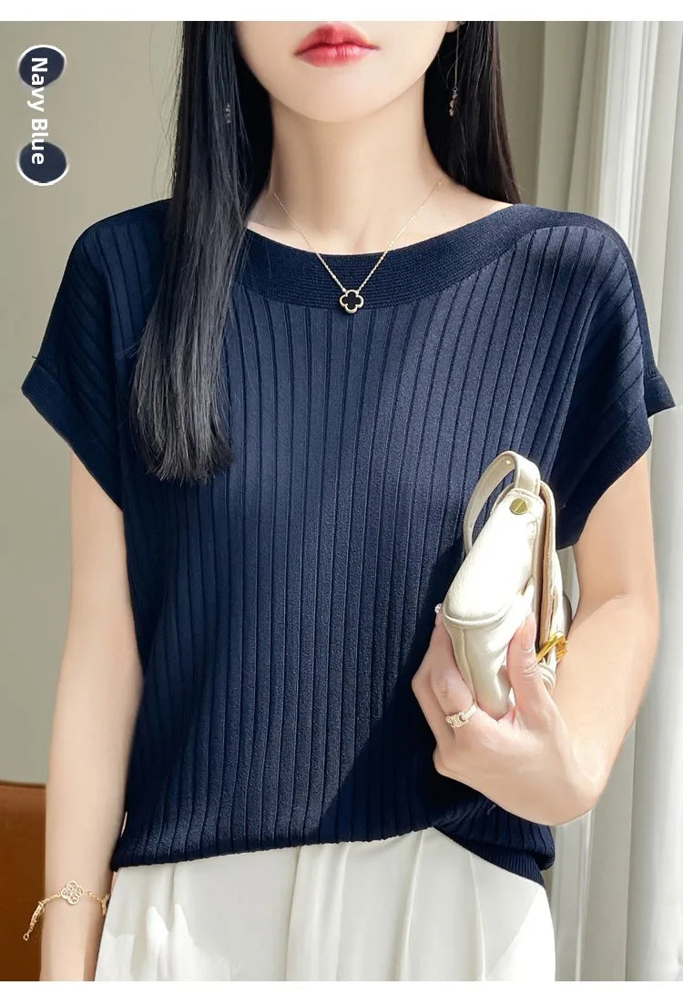 Summer Thin Ice Silk Knitted Loose T-Shirt Women's Short Sleeve Versatile Top Breathable Cool Feeling Pure Color Basic Fit