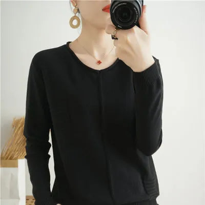 2023 Autumn/Winter Women's New Pullover Casual Solid 100% Cotton Knitted V-Neck Loose Sweater Fashion Soft Breathable Top