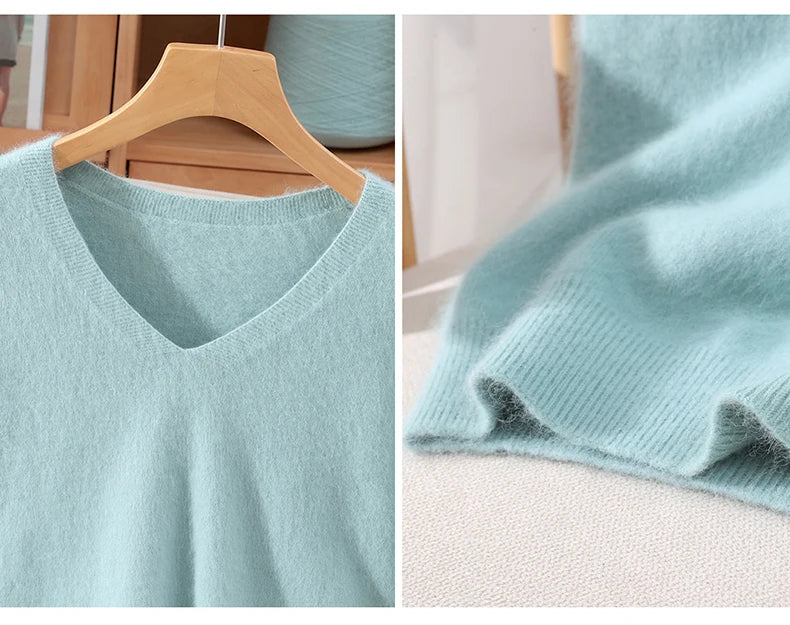 Women's 100% pure mink cashmere V-neck sweater T-shirt solid color knitted fashionable versatile short sleeved pullover sweater