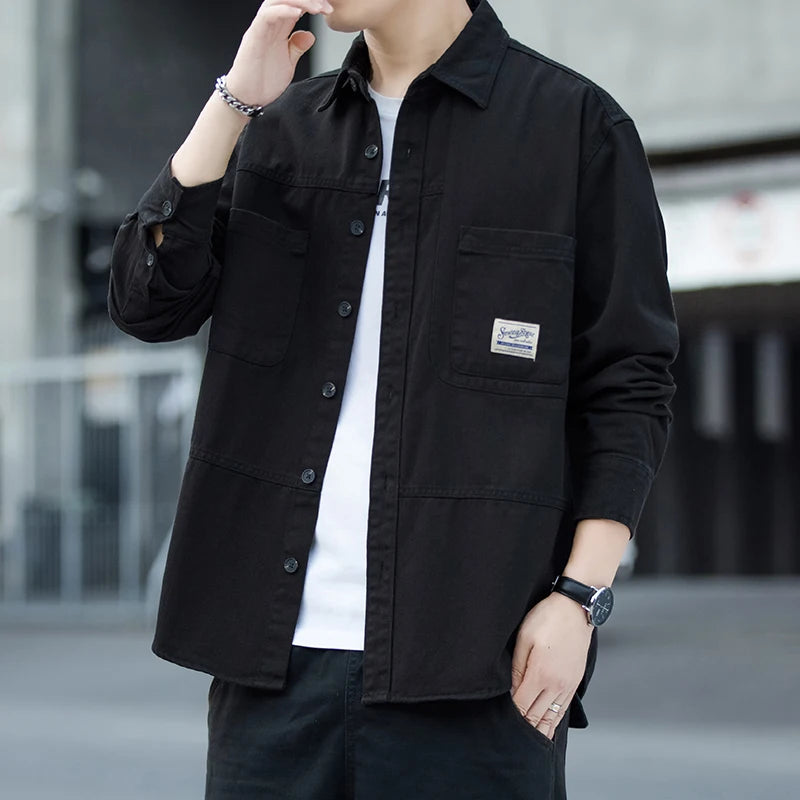 Men's Pure Cotton Long Sleeve Shirt Vintage Workwear Simple Style Autumn Winter New Arrival Casual Versatile Top Youth Fashion