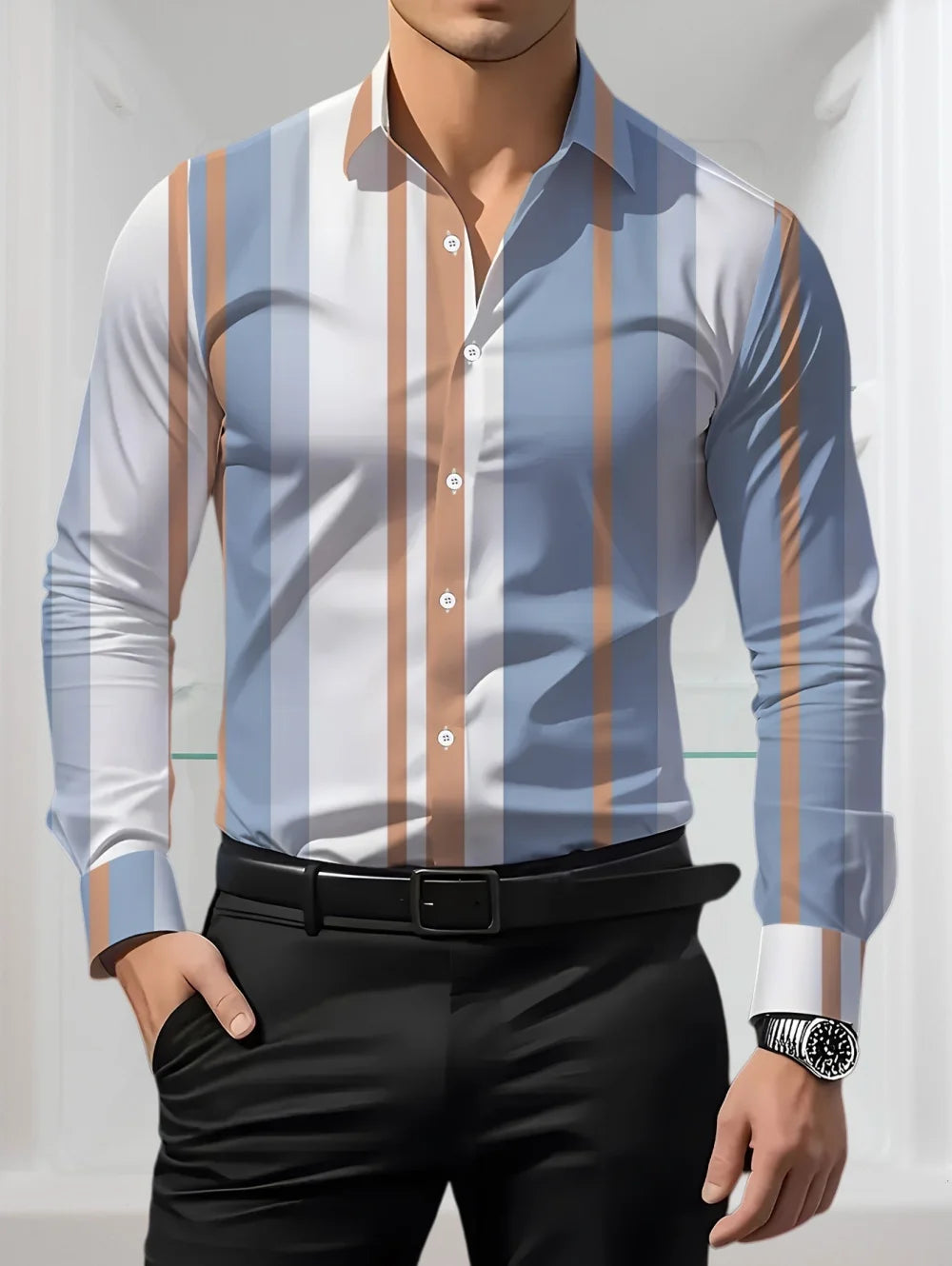 New Selected Men's Spring and Summer Retro Striped Shirts Long Sleeved Single Breasted Button Tops Trendy Casual Men's Clothing