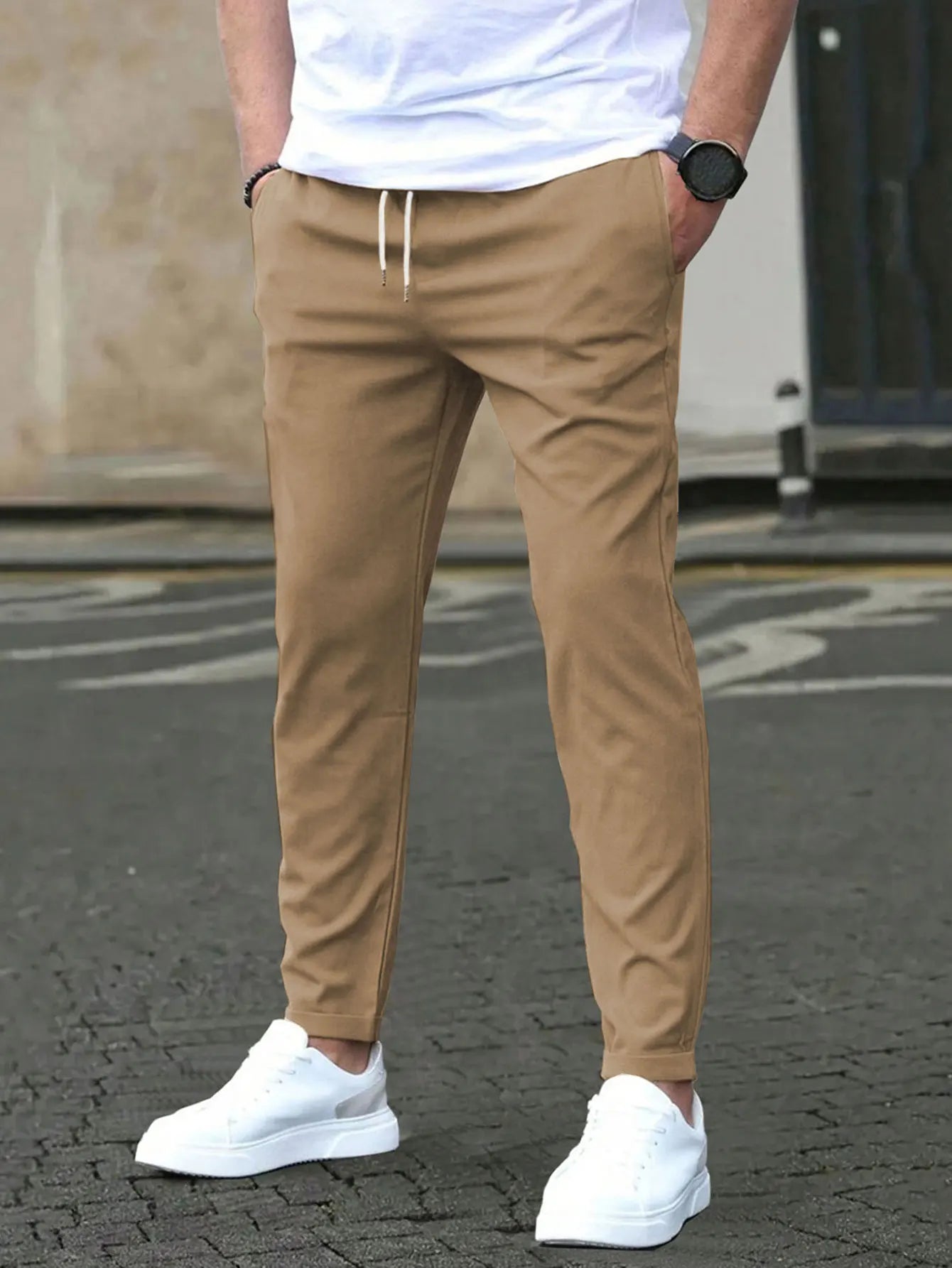 Men's Solid Color Drawstring Waist Casual Pants Regular Fit Comfy Trousers with Pockets for Spring And Fall