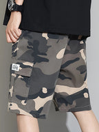 Men's camouflage workwear shorts with casual elastic waistband and drawstring design, classic work shorts with large pockets, co