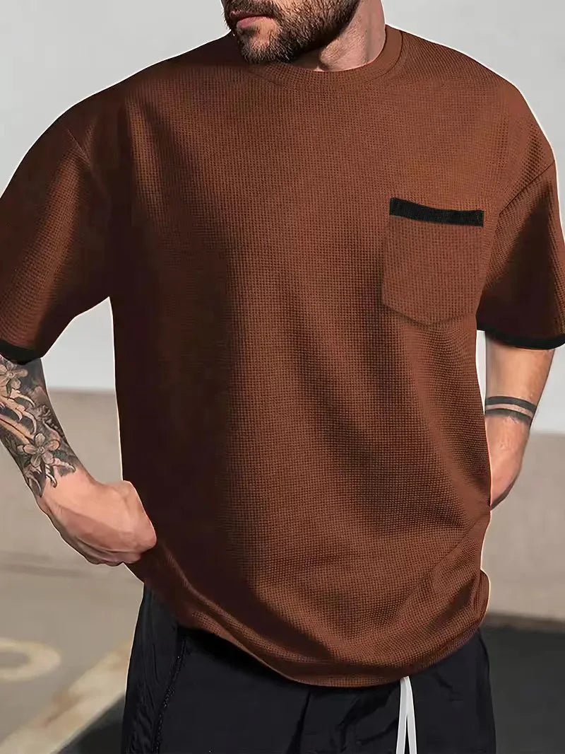 summer Casual breathable Men Tops Patchwork pocket sports pullover Textured Male Loose round collar short sleeve men T-shirts