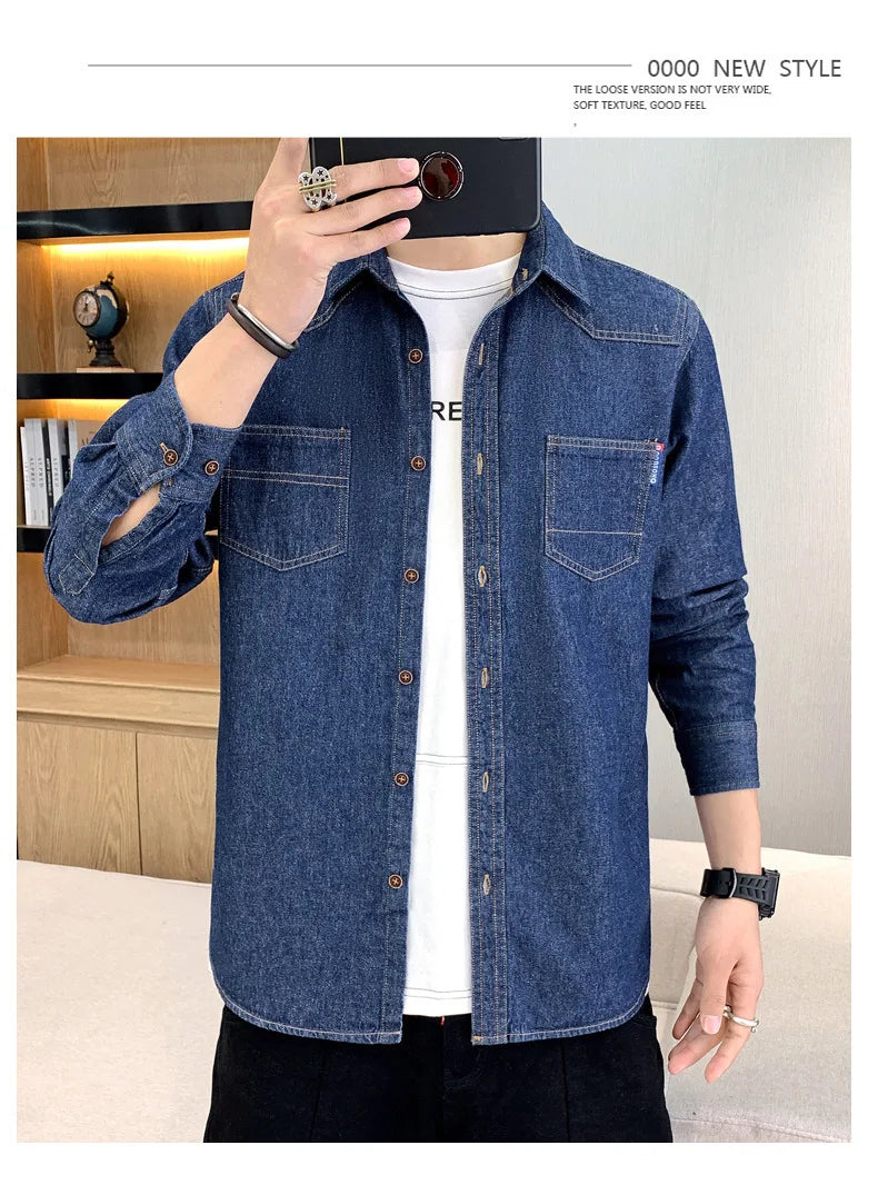 New Men's Denim Shirt Pure Cotton Washed Fashion Top Youth Style Japanese Design Autumn Collection Slim Fit Long Sleeve Casua...