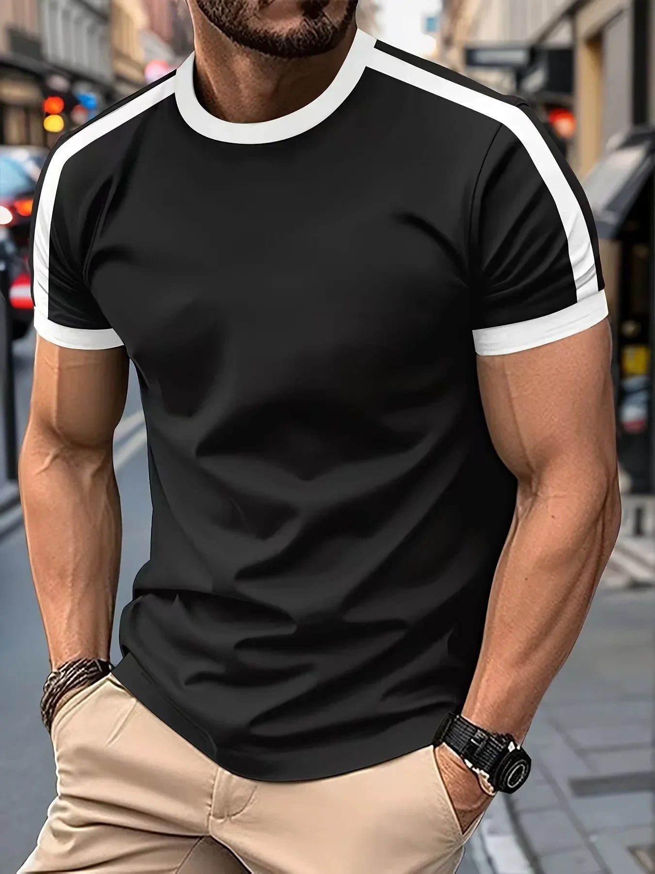 Men's Casual Short-Sleeved European and American Sports Fitness Contrasting Color Men's T-Shirt