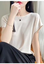 Summer Thin Ice Silk Knitted Loose T-Shirt Women's Short Sleeve Versatile Top Breathable Cool Feeling Pure Color Basic Fit