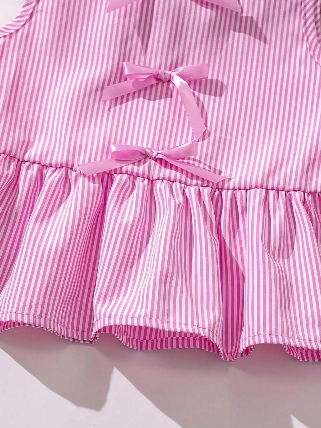 Fashion girl pink and white striped round neck lace up bow ruffle edge+pink striped side butterfly shorts two-piece set