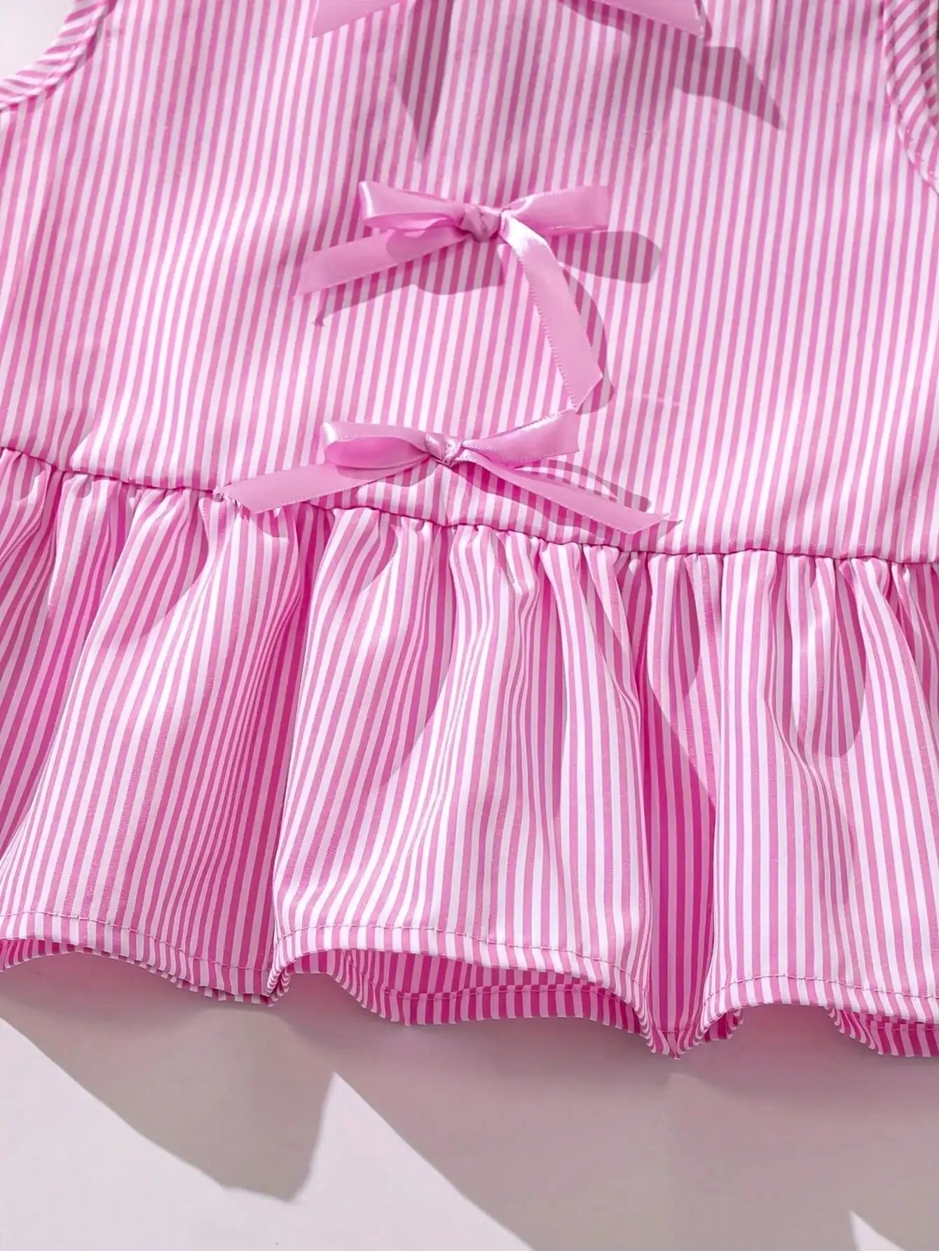 Fashion girl pink and white striped round neck lace up bow ruffle edge+pink striped side butterfly shorts two-piece set