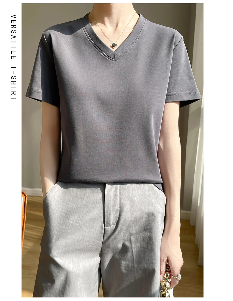 Summer V-neck 100% Cotton Short-Sleeved T-Shirt Women's Loose Mercerized Cotton Half-Sleeve Bottoming Shirt White High-end Top
