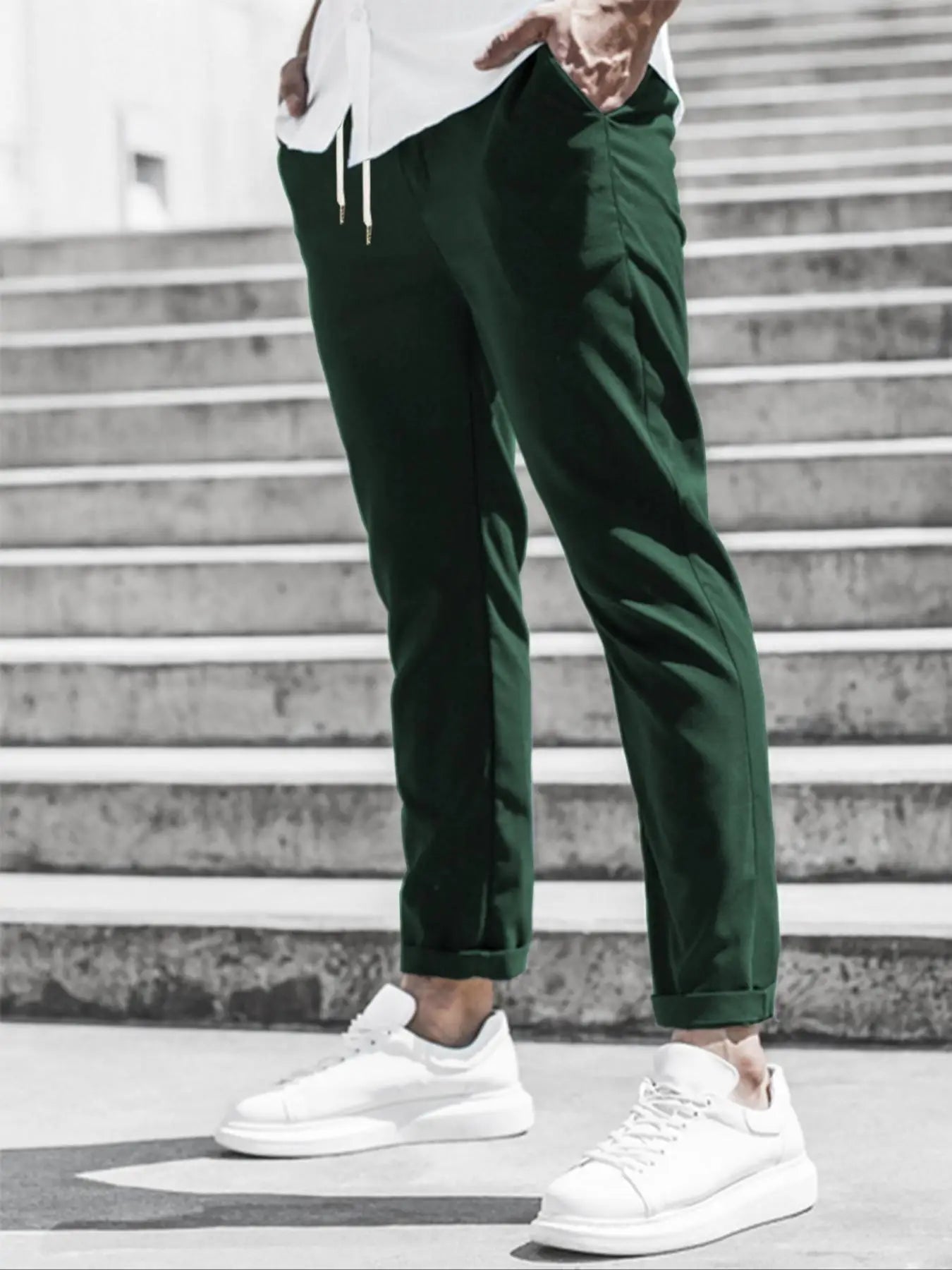 Men's Solid Color Casual Pants with Drawstring Waist Regular Fit Comfy Trousers with Pockets for Spring And Fall