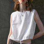 100% Linen Tank Top Women 2026 Summer Breathable Short Tops Sleeveless Casual Loose Cotton Linen Drawstring Crop Tops