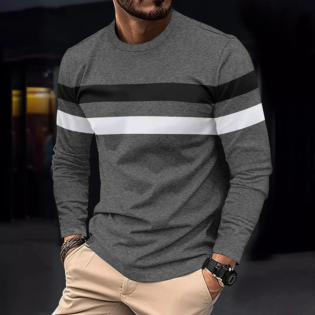 Spring Autumn Men's Color Matching Casual Fashion Sports Gym Beach Holiday Round Neck Long Sleeve O-neck T-Shirt Male Clothing