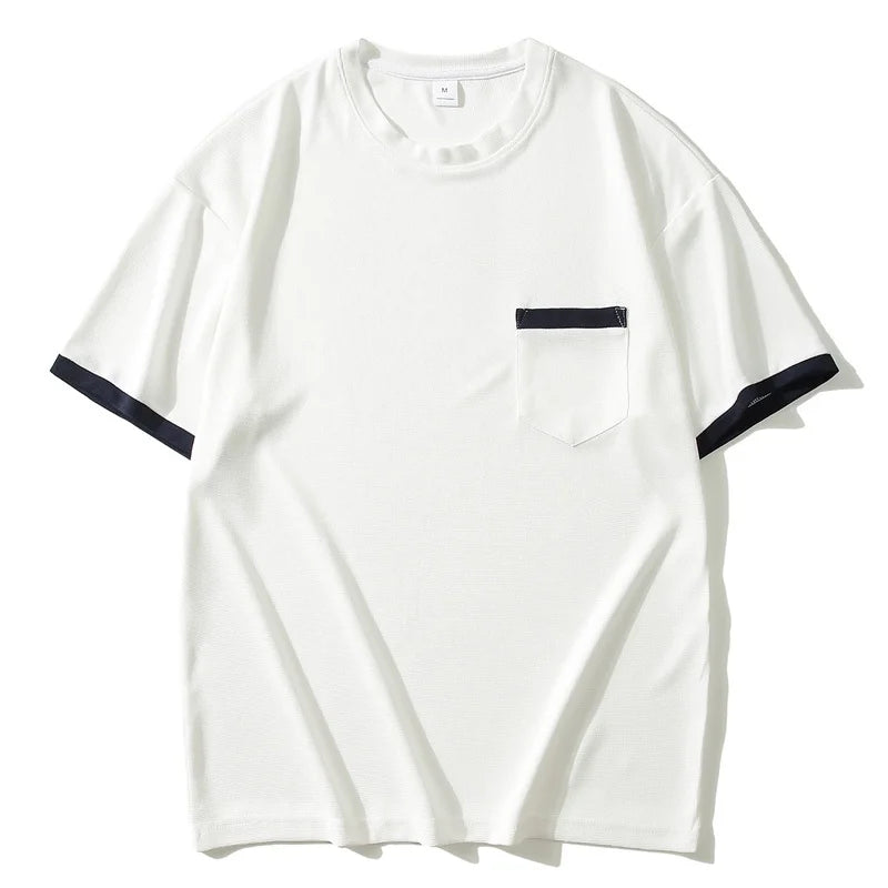summer Casual breathable Men Tops Patchwork pocket sports pullover Textured Male Loose round collar short sleeve men T-shirts
