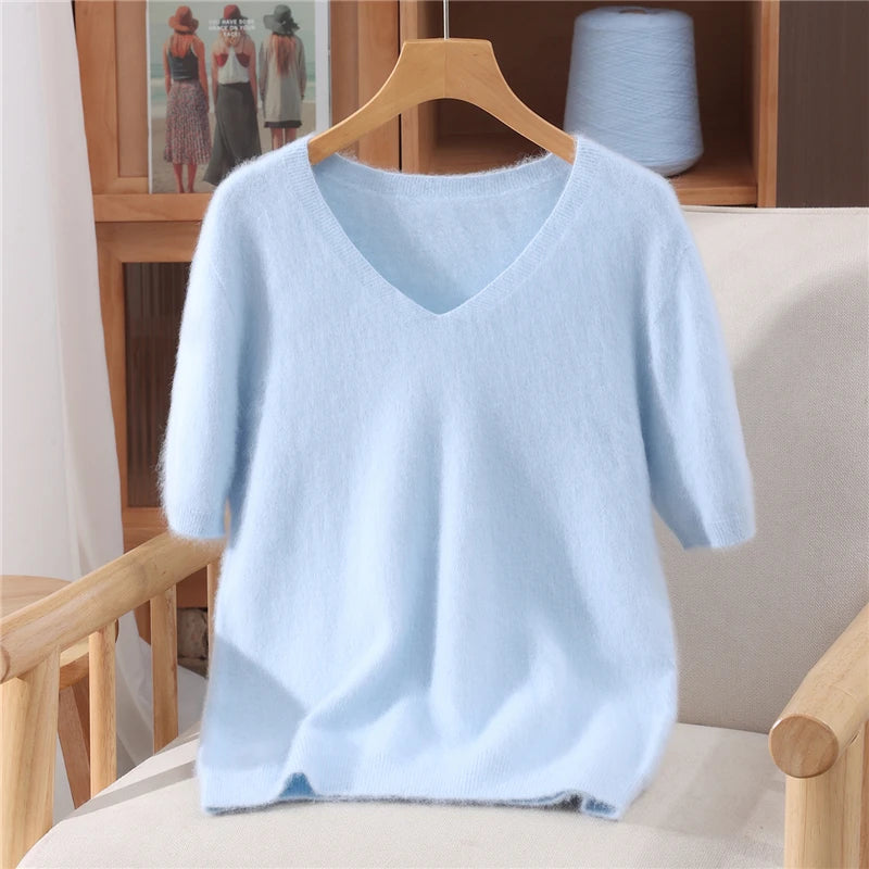 Women's 100% pure mink cashmere V-neck sweater T-shirt solid color knitted fashionable versatile short sleeved pullover sweater