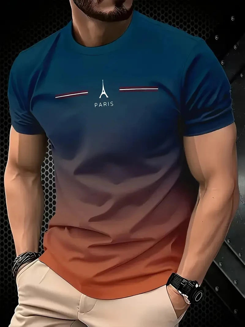 Men's Gradient Color Pattern TShirt Casual BreathO-Neck Short Sleeve Tee For Outdoor Activities Summer Oversized Streetwear Tops