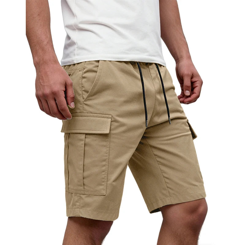 Men's Khaki Workwear Cargo Shorts Summer Multi-pocket Work Shorts With Drawstring Elastic Waist Solid Color Sports Fifth Pants