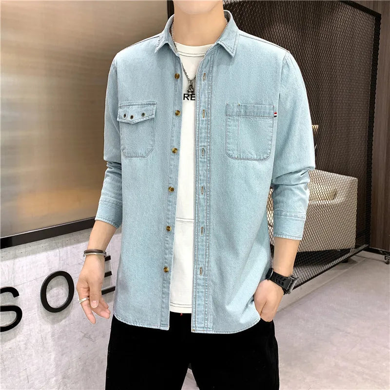 New Men's Denim Shirt Pure Cotton Washed Fashion Top Youth Style Japanese Design Autumn Collection Slim Fit Long Sleeve Casua...