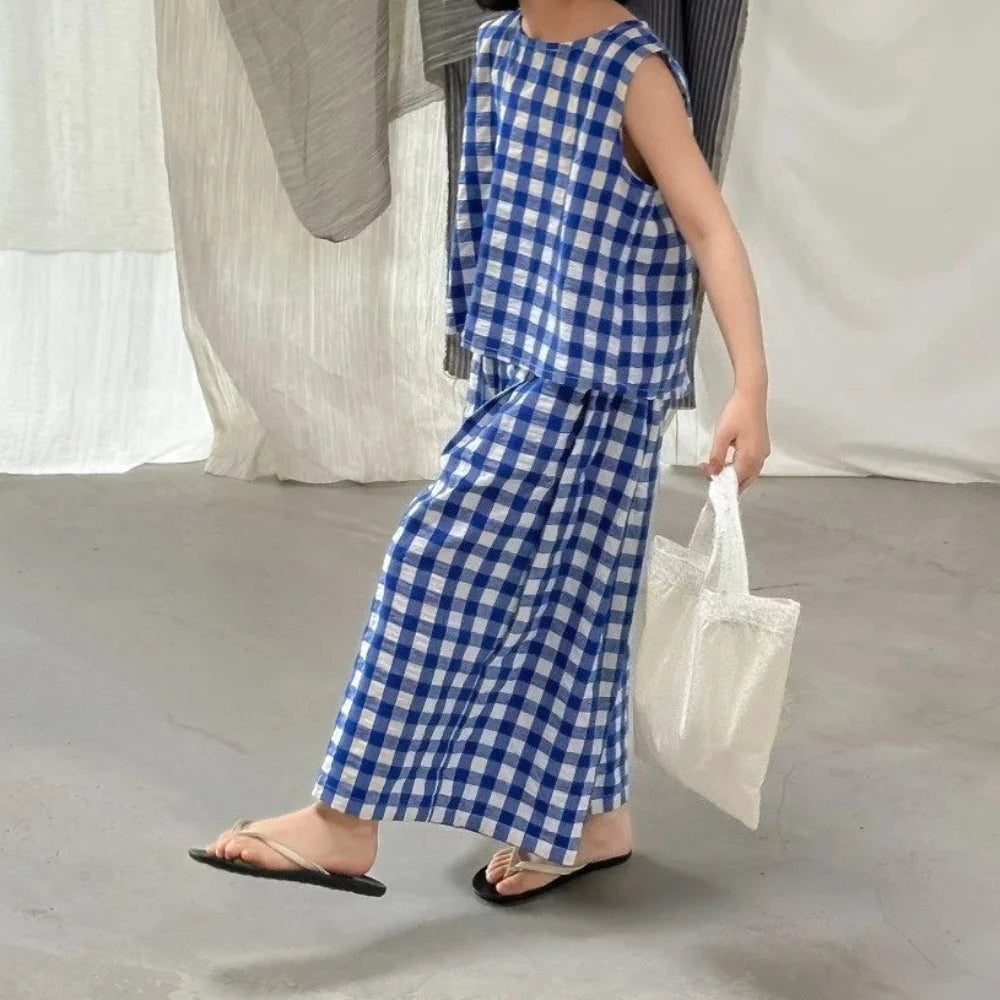 Summer Kids Casual Cute Checkered Print Outfit Sleeveless Tank Top + Loose Pant 2 Pcs Set 2- 7 Years Girls Fashion Clothes