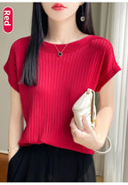 Summer Thin Ice Silk Knitted Loose T-Shirt Women's Short Sleeve Versatile Top Breathable Cool Feeling Pure Color Basic Fit