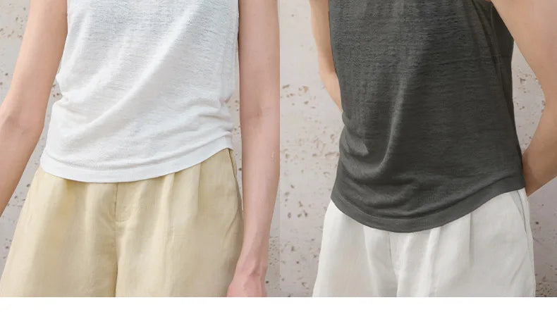 100% Hemp Knitted Thin Tank Top For Women Solid Color Summer Round Neck Sleeveless New Breathable Tops White Tops