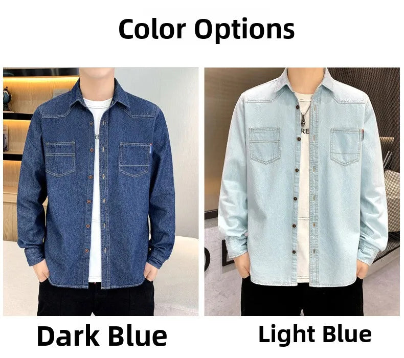 New Men's Denim Shirt Pure Cotton Washed Fashion Top Youth Style Japanese Design Autumn Collection Slim Fit Long Sleeve Casua...