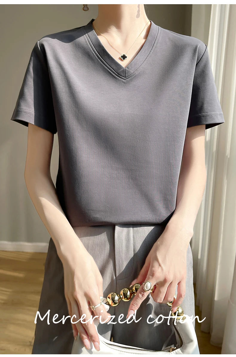 Summer V-neck 100% Cotton Short-Sleeved T-Shirt Women's Loose Mercerized Cotton Half-Sleeve Bottoming Shirt White High-end Top