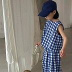 Summer Kids Casual Cute Checkered Print Outfit Sleeveless Tank Top + Loose Pant 2 Pcs Set 2- 7 Years Girls Fashion Clothes