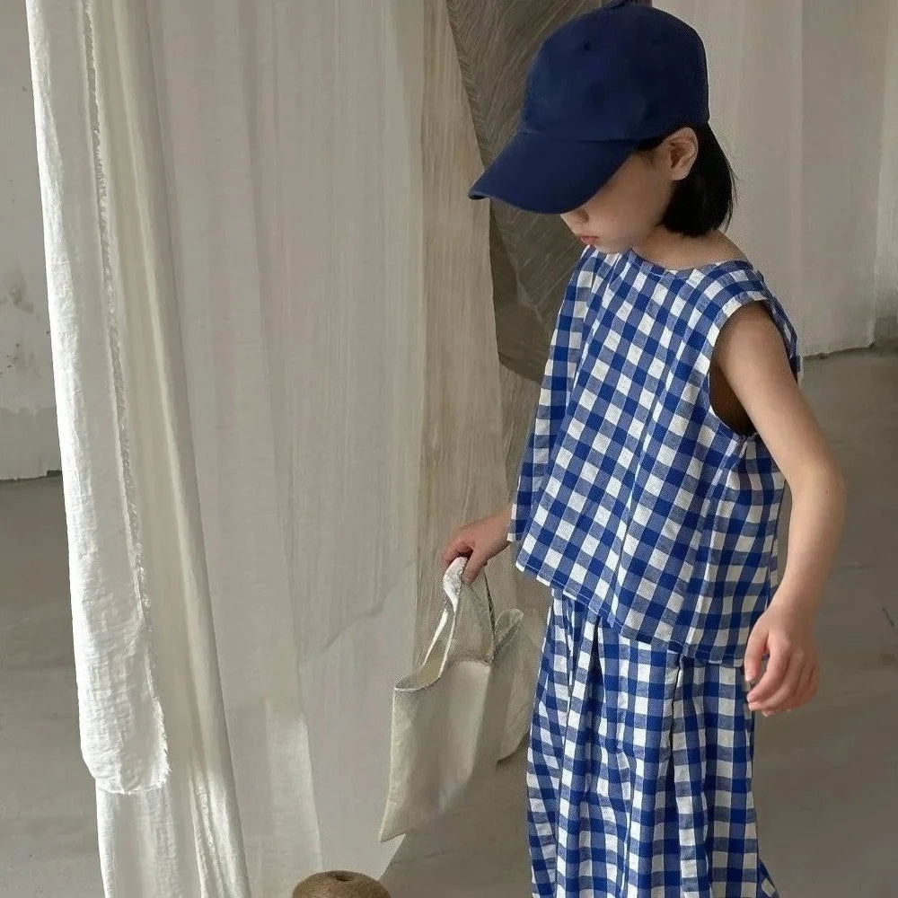 Summer Kids Casual Cute Checkered Print Outfit Sleeveless Tank Top + Loose Pant 2 Pcs Set 2- 7 Years Girls Fashion Clothes