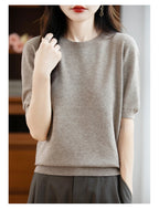 Fall/winter women's O-neck basic warm casual pullover fashion short sleeve 100% wool 22-color knitted sweater.