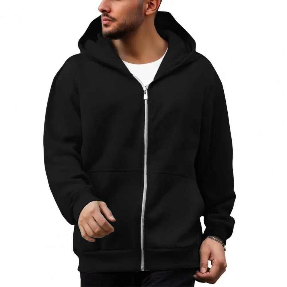 Men Backpack Sweatshirt Coat Long Sleeve Zipper Closure Hoodie with Schoolbag Design Solid Color Loose Fit Outerwear