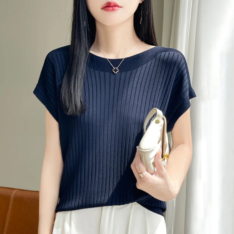 Summer Thin Ice Silk Knitted Loose T-Shirt Women's Short Sleeve Versatile Top Breathable Cool Feeling Pure Color Basic Fit