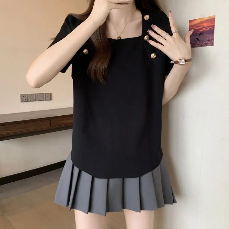 Women Plus Size Square Neck Ice Silk Irregular Hem Short Sleeve T Shirt Loose Slimming Casual Summer Top