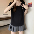 Women Plus Size Square Neck Ice Silk Irregular Hem Short Sleeve T Shirt Loose Slimming Casual Summer Top