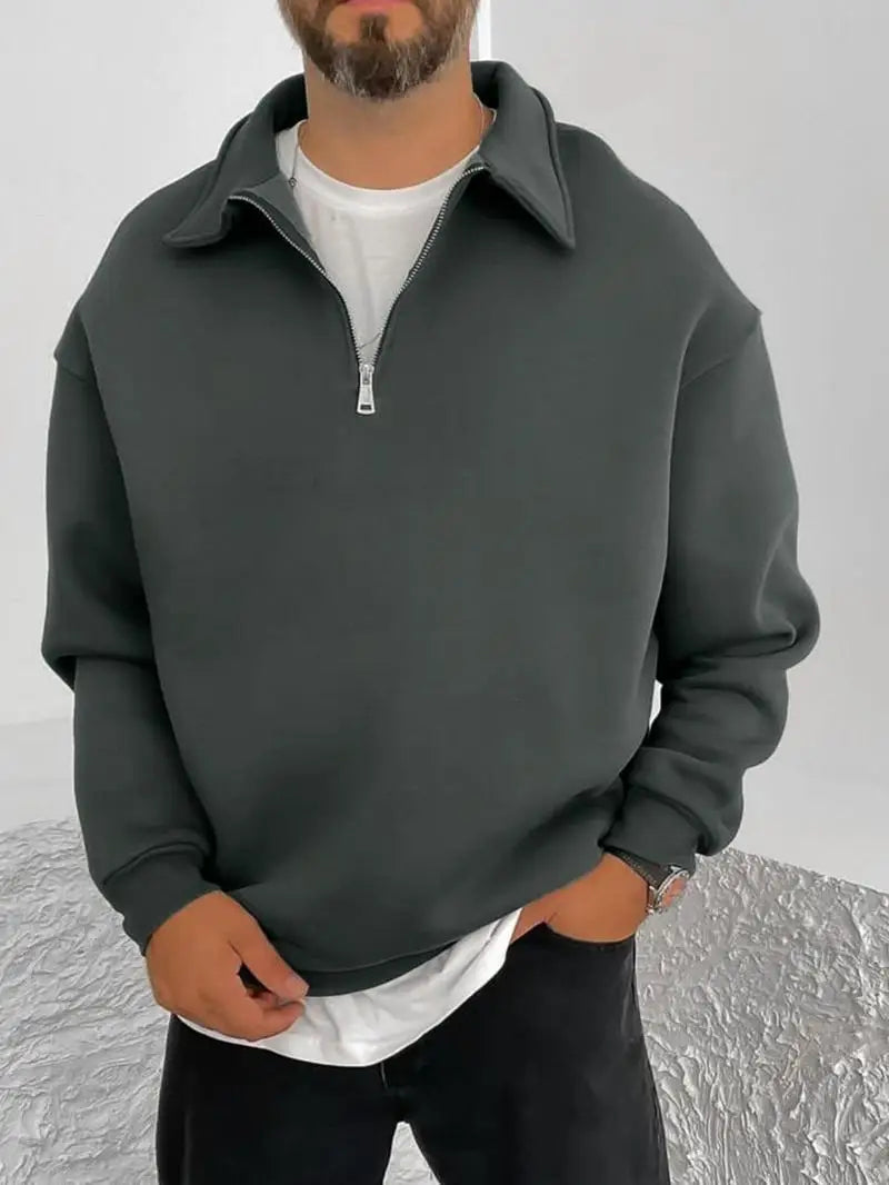 2025 New Men's Double-sided Fleece Half-Zip Casual Hoodie Jacket Autumn Winter Polyester Fiber Sporty Loose Fit Fashion Urban
