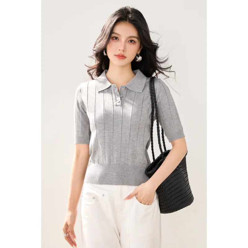 Plus Size Pure Color Polo Shirt Knitted Short Sleeve Ice Silk Short Style Slimming Collar T-Shirt Women Summer Korean Version...