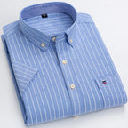 Men's Oxford Short Sleeve Square Collar Soild Plaid Striped Summer Casual Shirts Single Pocket Comfortable Cotton Shirt