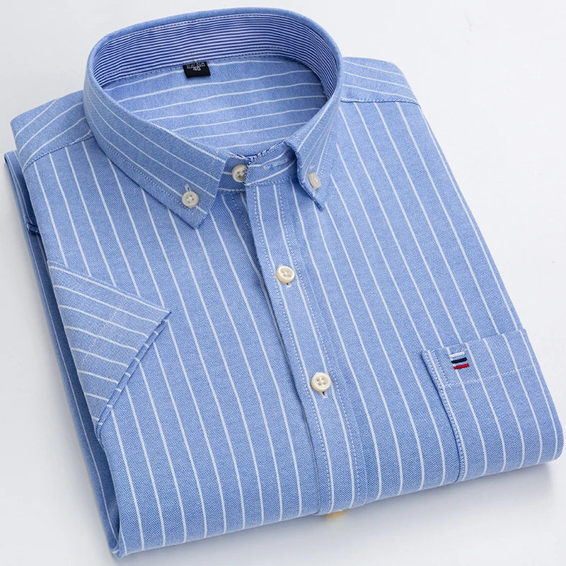Men's Oxford Short Sleeve Square Collar Soild Plaid Striped Summer Casual Shirts Single Pocket Comfortable Cotton Shirt