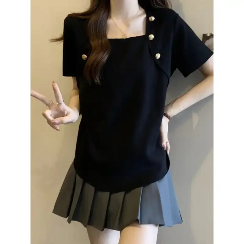 Women Plus Size Square Neck Ice Silk Irregular Hem Short Sleeve T Shirt Loose Slimming Casual Summer Top