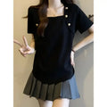 Women Plus Size Square Neck Ice Silk Irregular Hem Short Sleeve T Shirt Loose Slimming Casual Summer Top