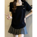 Women Plus Size Square Neck Ice Silk Irregular Hem Short Sleeve T Shirt Loose Slimming Casual Summer Top