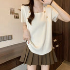 Women Plus Size Square Neck Ice Silk Irregular Hem Short Sleeve T Shirt Loose Slimming Casual Summer Top