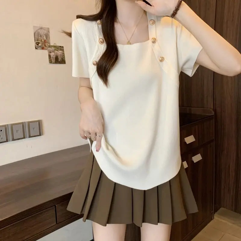 Women Plus Size Square Neck Ice Silk Irregular Hem Short Sleeve T Shirt Loose Slimming Casual Summer Top